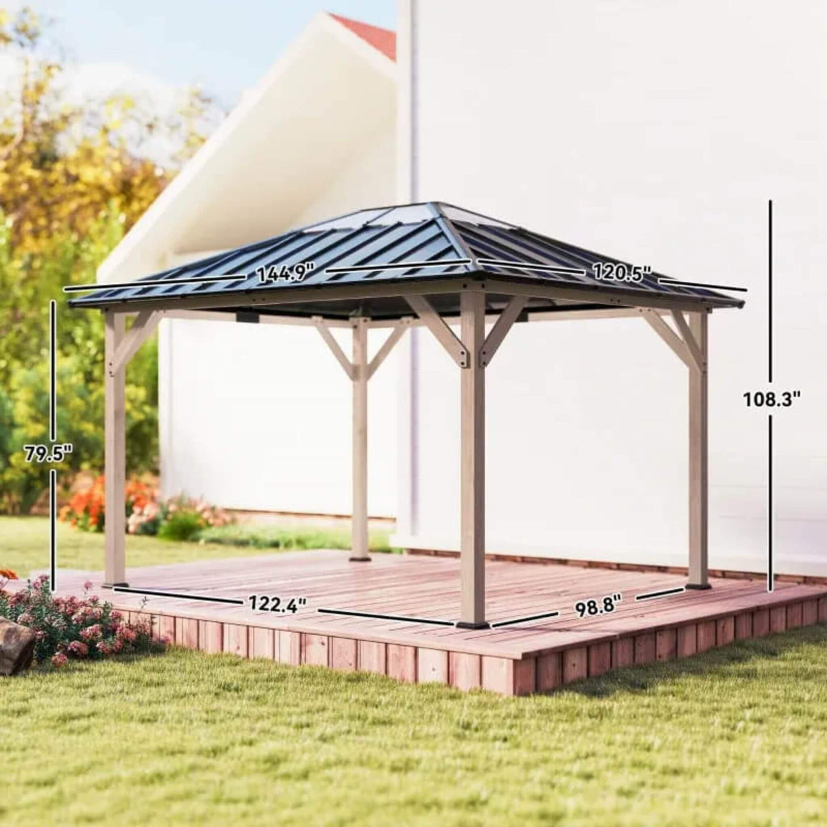 [08X10] Heavy-Duty Fir Wood Hardtop Gazebo With Galvanized Steel Roof And Ceiling Hooks (SAK29467)
