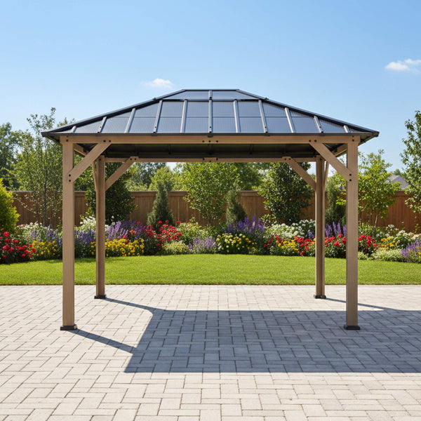 [08X10] Heavy-Duty Fir Wood Hardtop Gazebo With Galvanized Steel Roof And Ceiling Hooks (SAK29467)