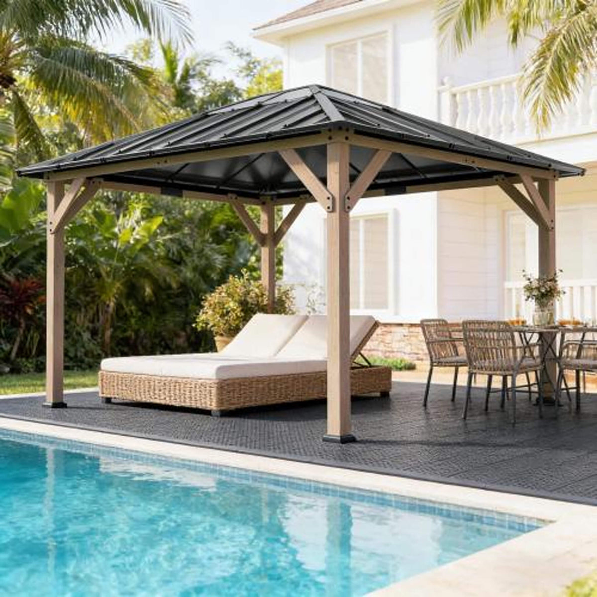 [08X10] Heavy-Duty Fir Wood Hardtop Gazebo With Galvanized Steel Roof And Ceiling Hooks (SAK29467)