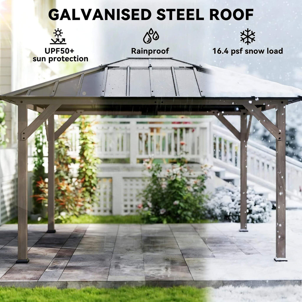 [08X10] Heavy-Duty Fir Wood Hardtop Gazebo With Galvanized Steel Roof And Ceiling Hooks (SAK29467)