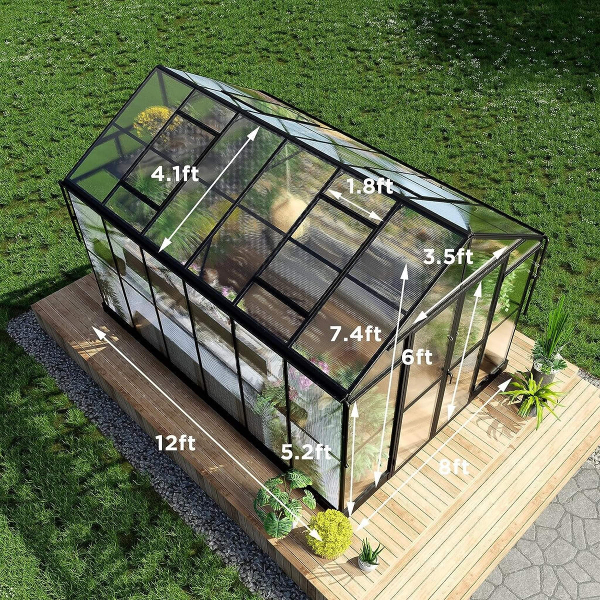 8×12 ft Premium Aluminum Greenhouse with Polycarbonate Panels and Double Swing Doors