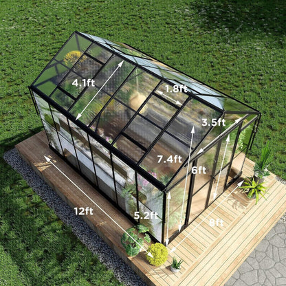 8×12 ft Premium Aluminum Greenhouse with Polycarbonate Panels and Double Swing Doors