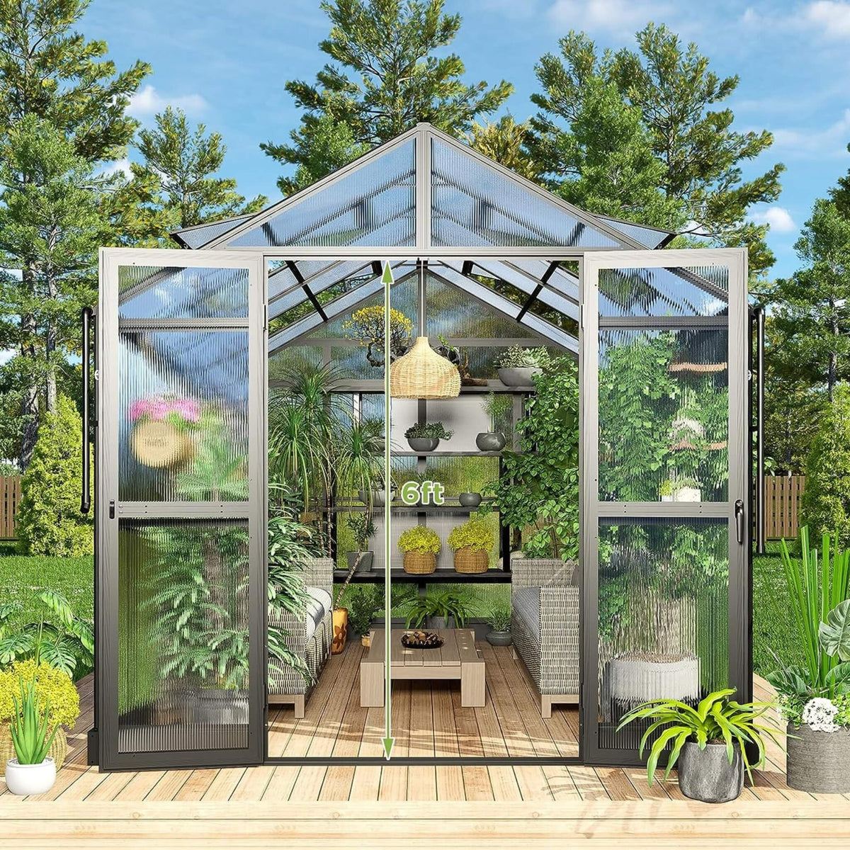 8×12 ft Premium Aluminum Greenhouse with Polycarbonate Panels and Double Swing Doors