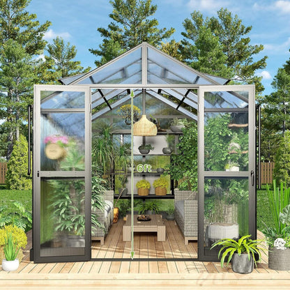 8×12 ft Premium Aluminum Greenhouse with Polycarbonate Panels and Double Swing Doors