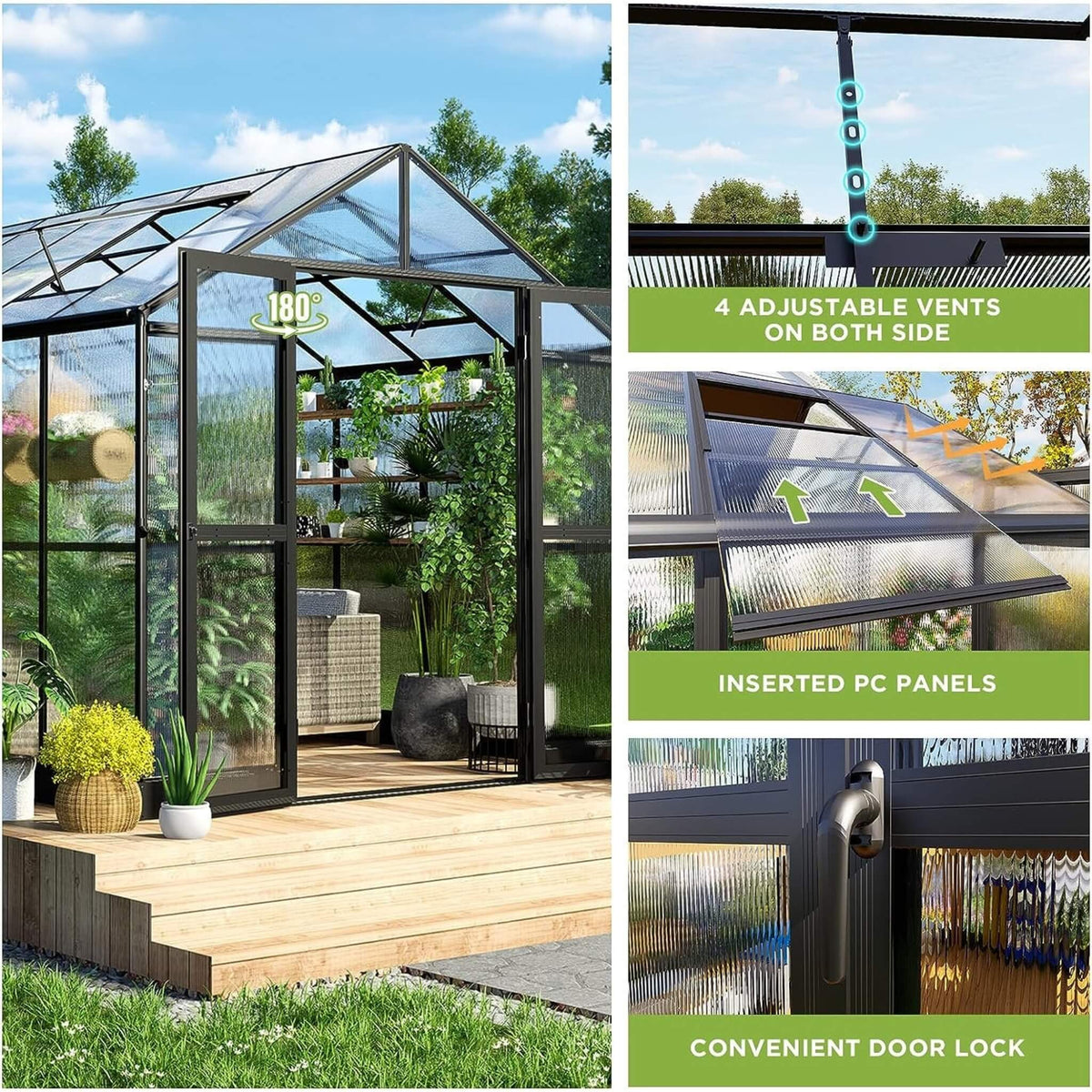8×12 ft Premium Aluminum Greenhouse with Polycarbonate Panels and Double Swing Doors