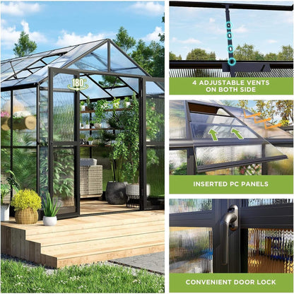 8×12 ft Premium Aluminum Greenhouse with Polycarbonate Panels and Double Swing Doors