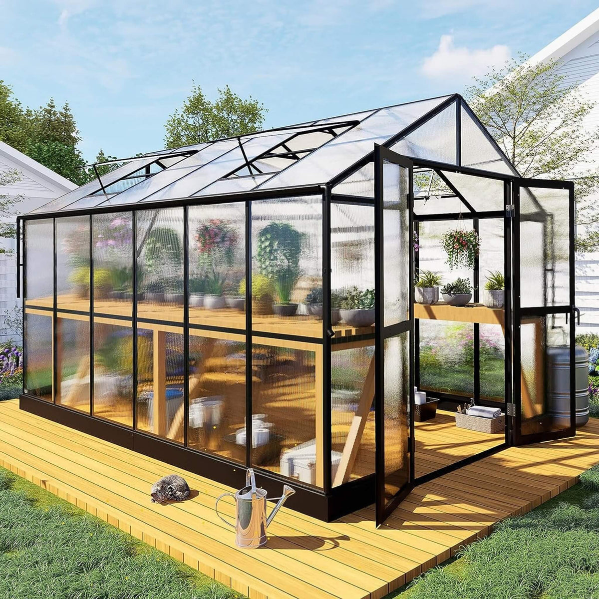 8×12 ft Premium Aluminum Greenhouse with Polycarbonate Panels and Double Swing Doors