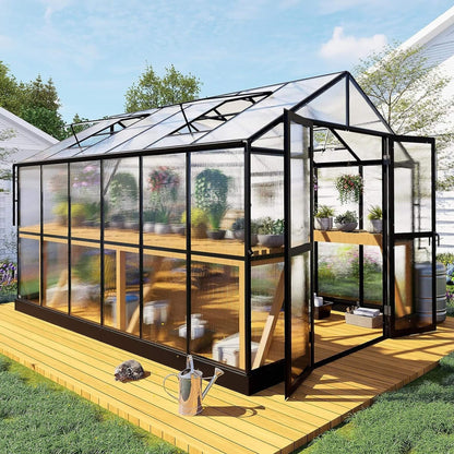 8×12 ft Premium Aluminum Greenhouse with Polycarbonate Panels and Double Swing Doors