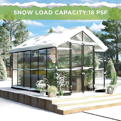 8×12 ft Premium Aluminum Greenhouse with Polycarbonate Panels and Double Swing Doors