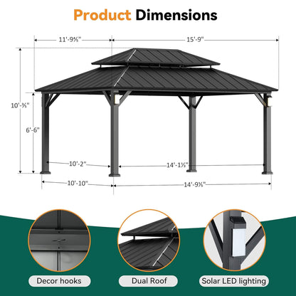 Luxury Double Roof Hardtop Aluminum Gazebo With Decor Hooks, Mosquito Nettings, And LED Lights (SAK91824)