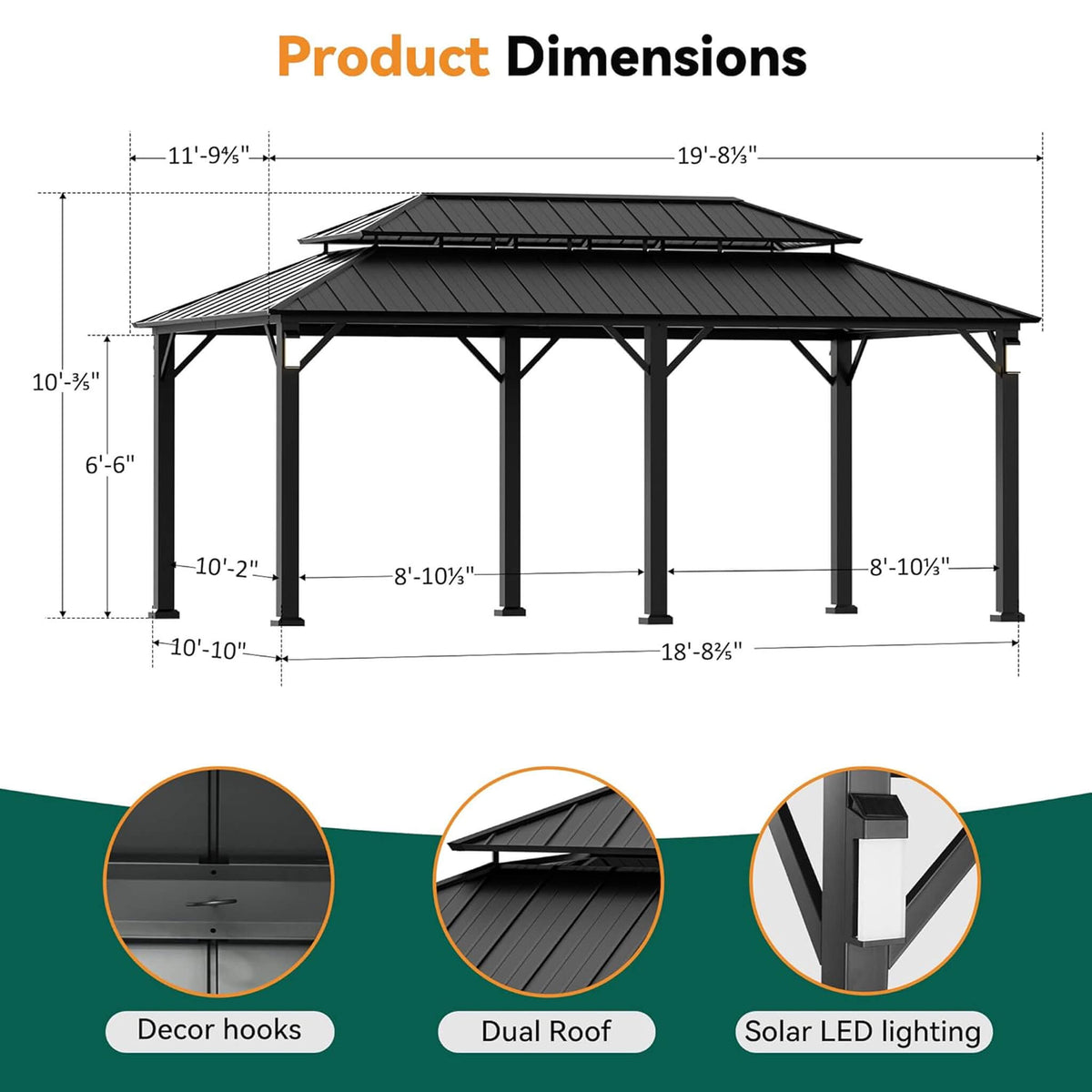 Luxury Double Roof Hardtop Aluminum Gazebo With Decor Hooks, Mosquito Nettings, And LED Lights (SAK91824)