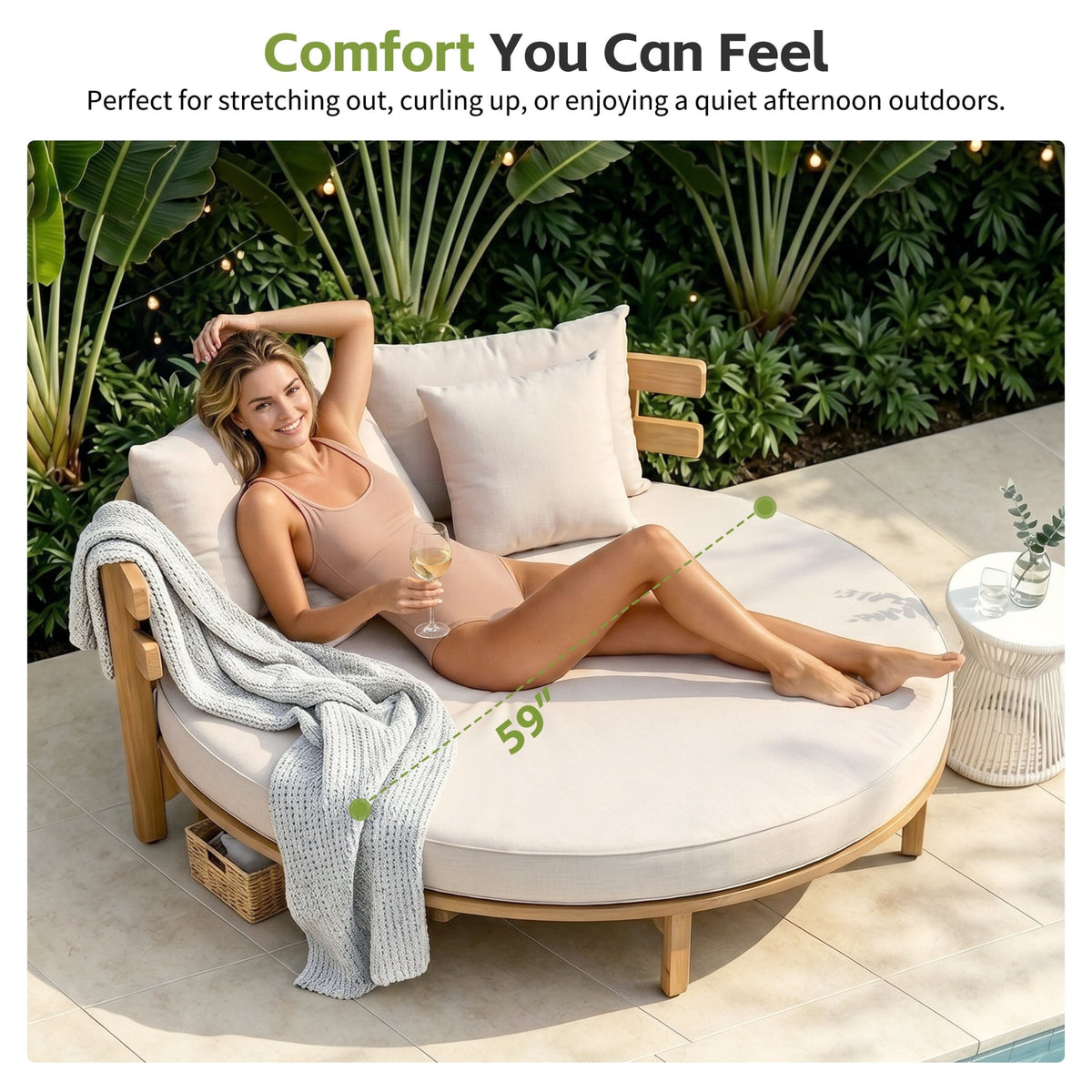 Luxury Outdoor Acacia Wood Round Daybed With Cushions And Pillows (SAK40613)