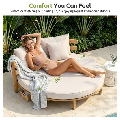 Luxury Outdoor Acacia Wood Round Daybed With Cushions And Pillows (SAK40613)