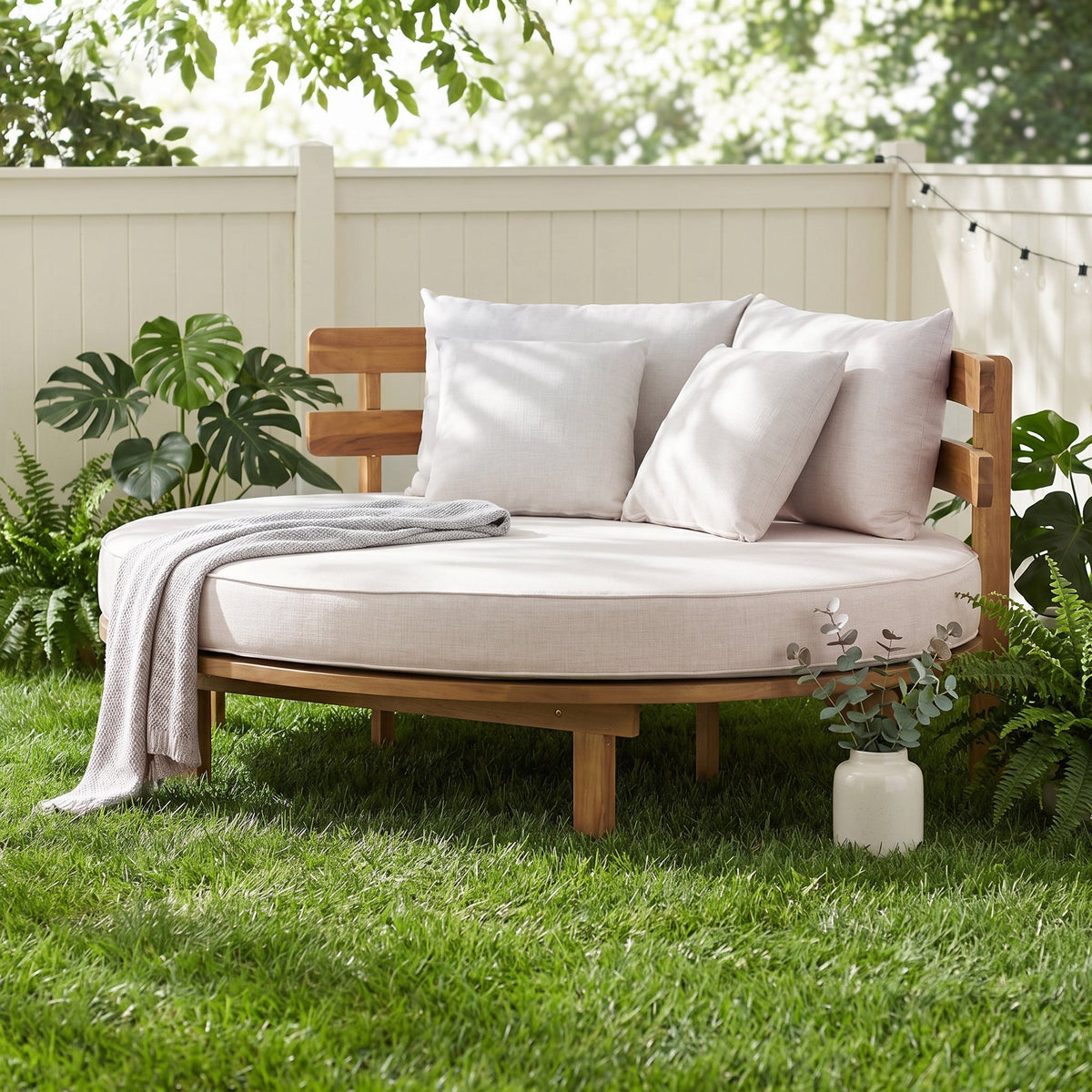 Luxury Outdoor Acacia Wood Round Daybed With Cushions And Pillows (SAK40613)