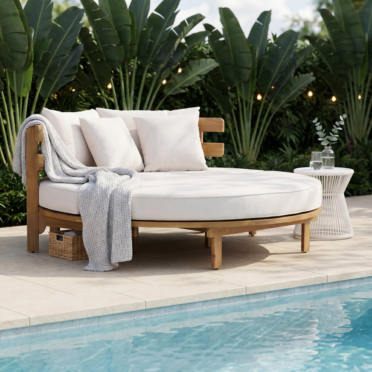 Luxury Outdoor Acacia Wood Round Daybed With Cushions And Pillows (SAK40613)