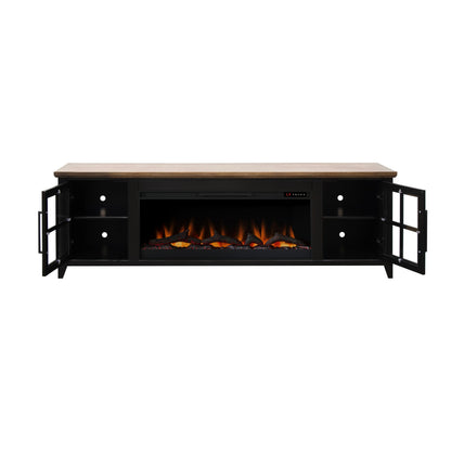 83-Inch Bourbon Black TV Stand With Fireplace And Glass Windowpane Doors (SAK40281)