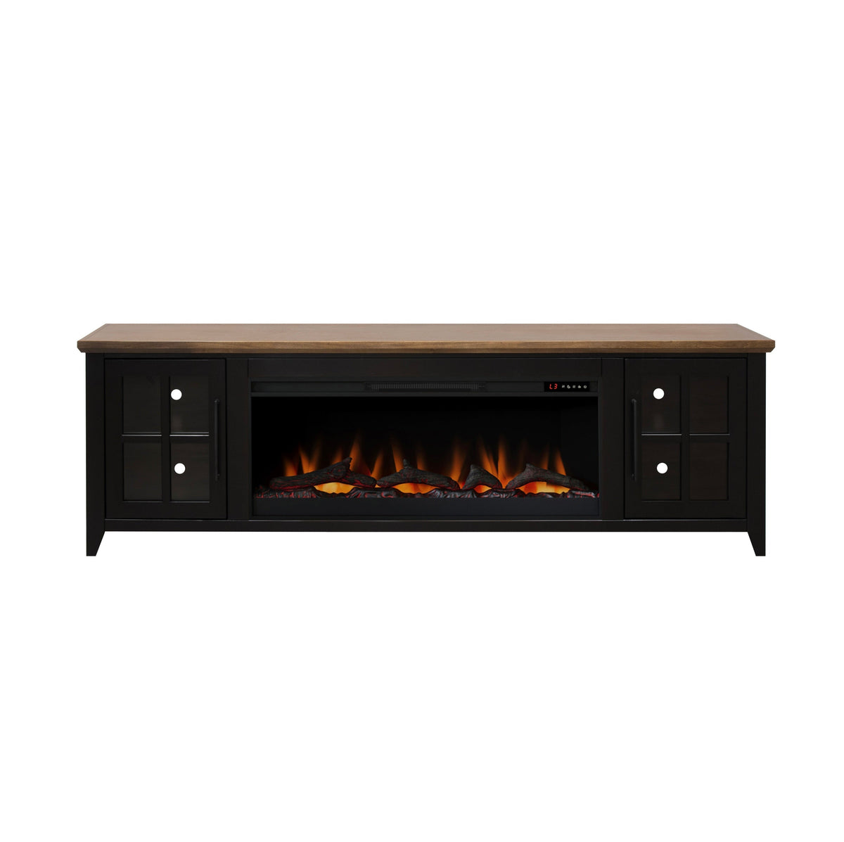 83-Inch Bourbon Black TV Stand With Fireplace And Glass Windowpane Doors (SAK40281)
