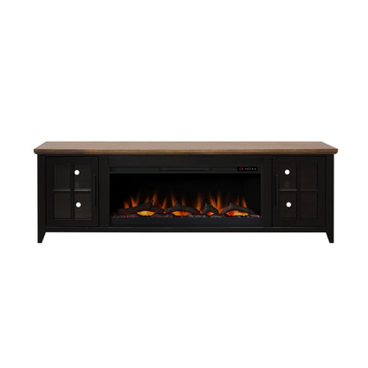 83-Inch Bourbon Black TV Stand With Fireplace And Glass Windowpane Doors (SAK40281)