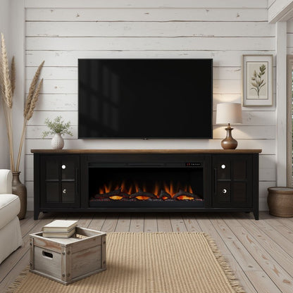 83-Inch Bourbon Black TV Stand With Fireplace And Glass Windowpane Doors (SAK40281)