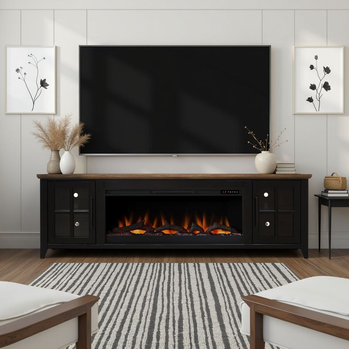 83-Inch Bourbon Black TV Stand With Fireplace And Glass Windowpane Doors (SAK40281)