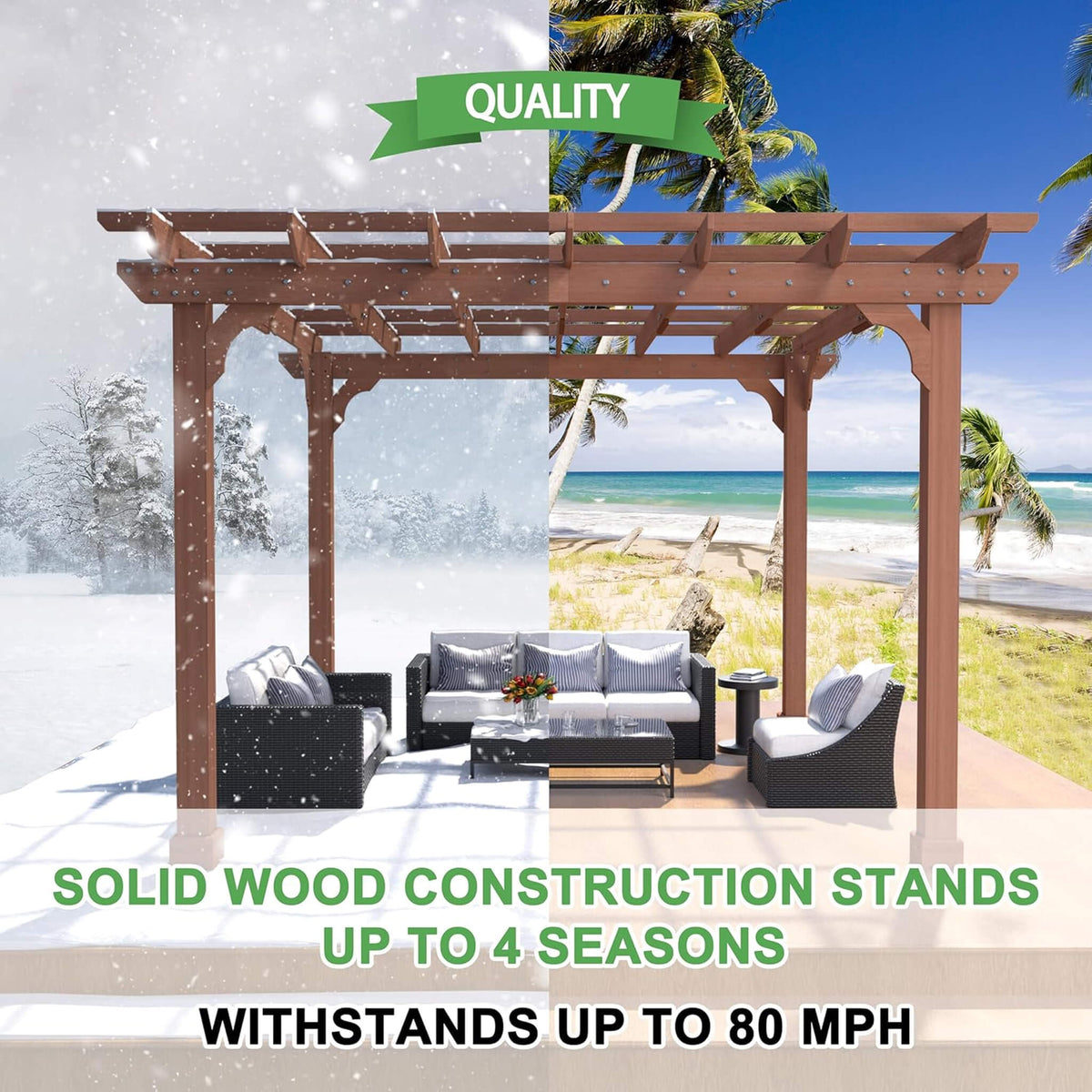 Outdoor Cedar Wood Patio Pergola With Slatted Trellis Roof (SAK92150)