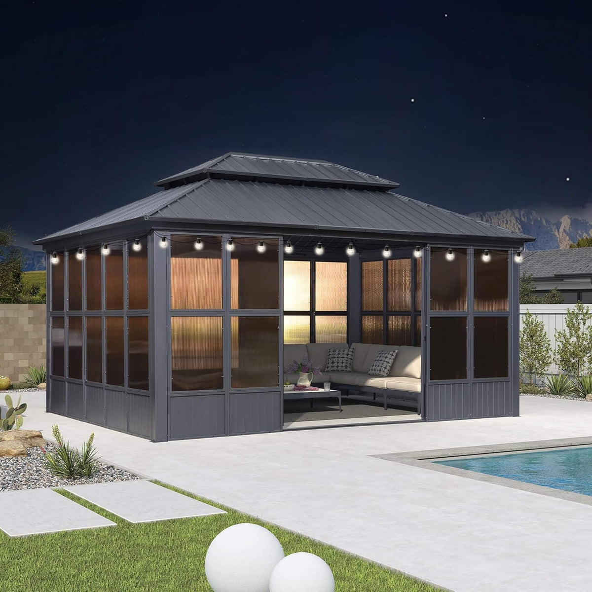 Vista Outdoor Hardtop Aluminum Solarium With Double Roof And LED Lights (SAK42086)