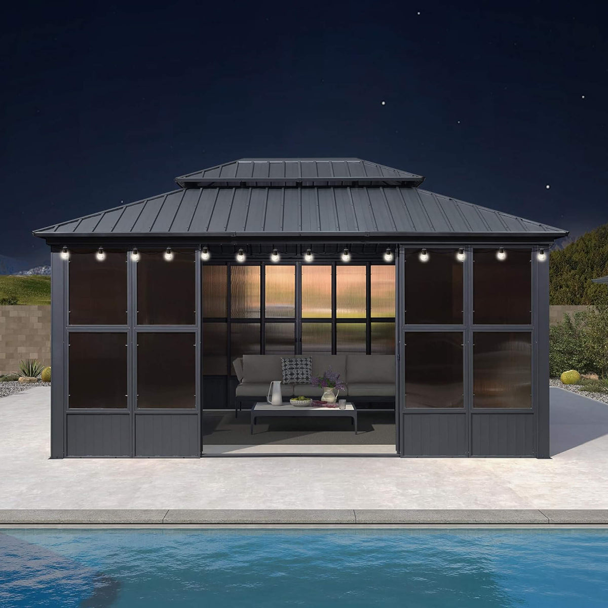 Vista Outdoor Hardtop Aluminum Solarium With Double Roof And LED Lights (SAK42086)
