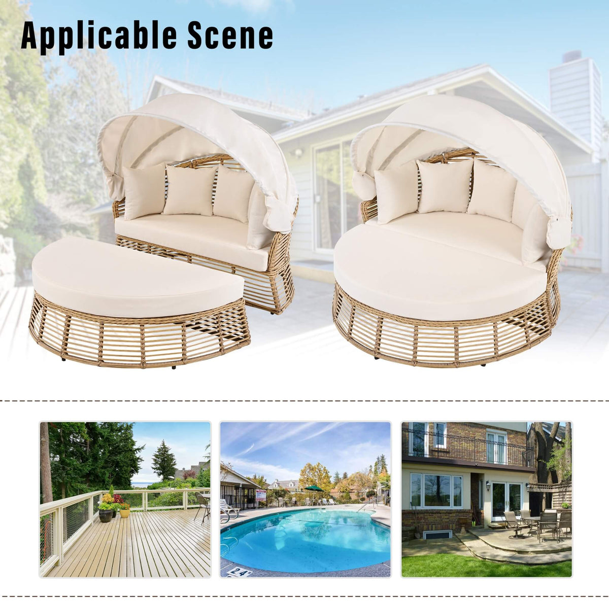 53-Inch Outdoor Patio Rattan Round Wicker Daybed With Retractable Canopy (SAK69241)