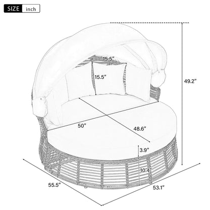 53-Inch Outdoor Patio Rattan Round Wicker Daybed With Retractable Canopy (SAK69241)