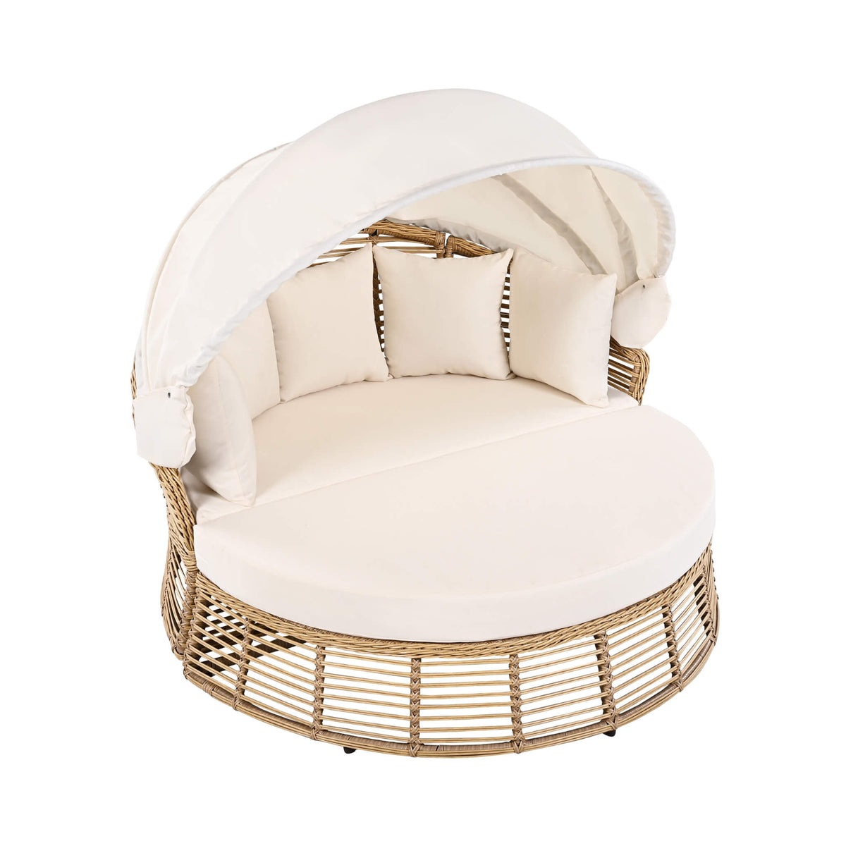 53-Inch Outdoor Patio Rattan Round Wicker Daybed With Retractable Canopy (SAK69241)