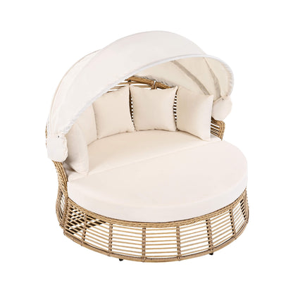 53-Inch Outdoor Patio Rattan Round Wicker Daybed With Retractable Canopy (SAK69241)