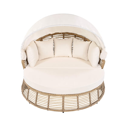 53-Inch Outdoor Patio Rattan Round Wicker Daybed With Retractable Canopy (SAK69241)