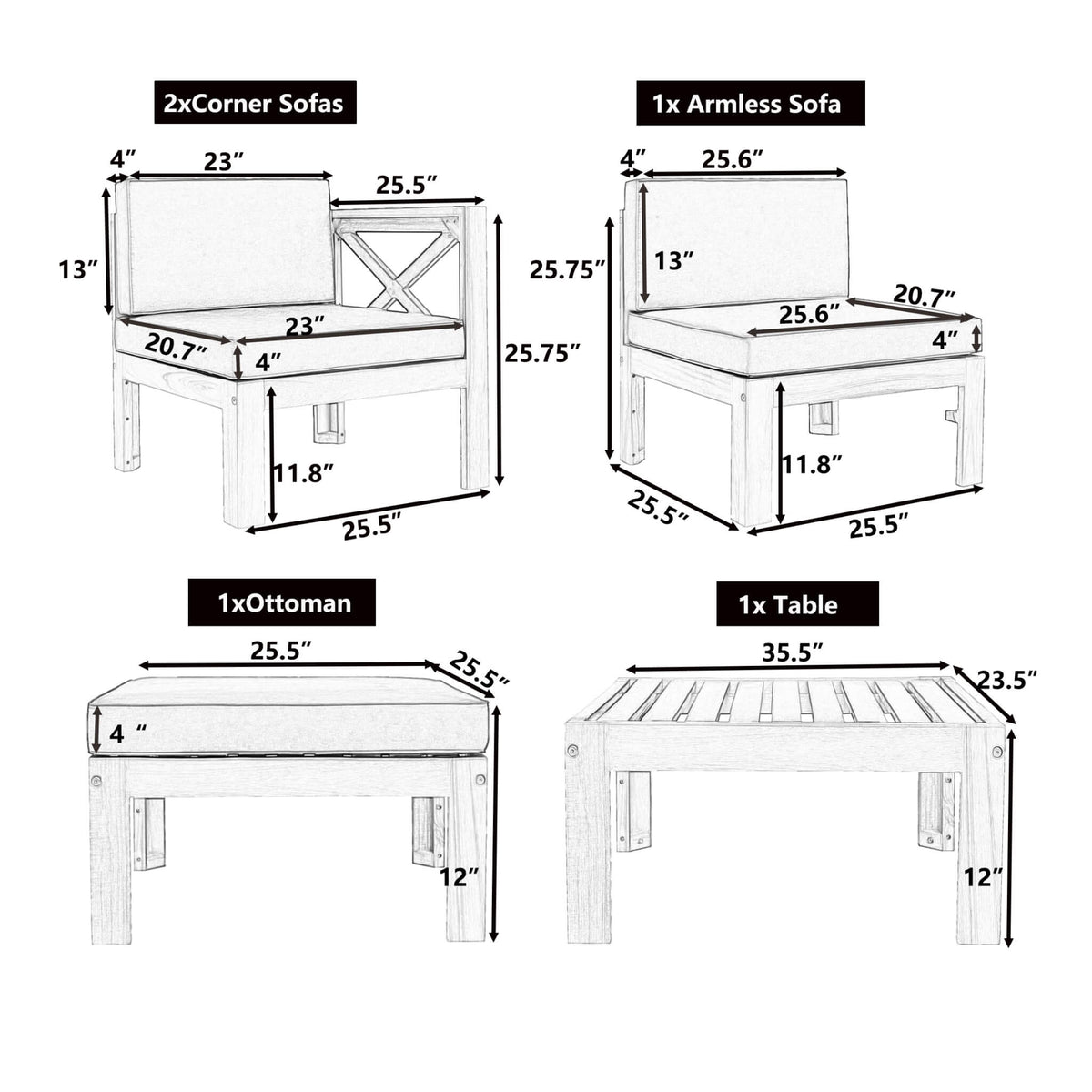 5-Piece Outdoor Patio Wood Sectional Sofa Set With Cushions (SAK31297)