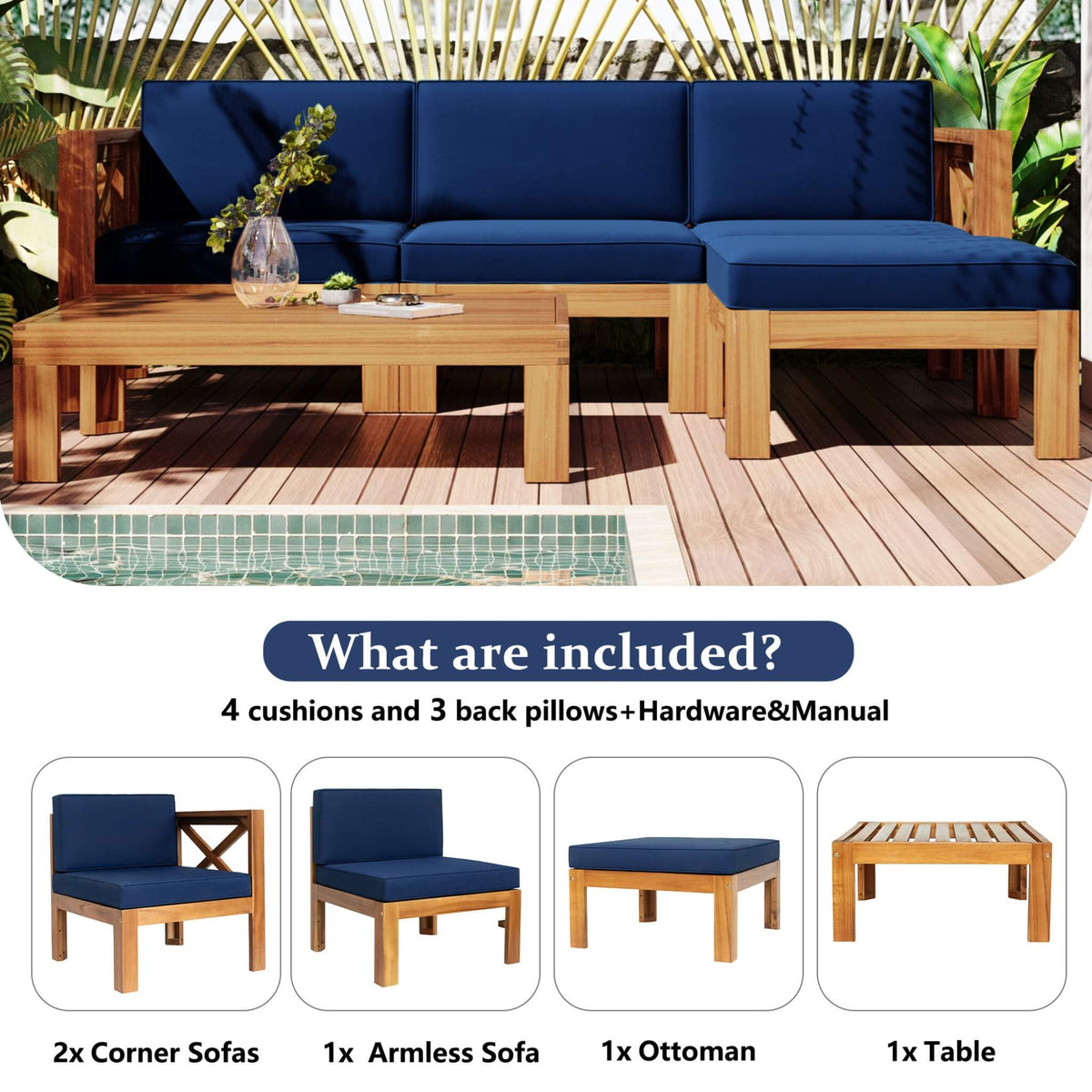5-Piece Outdoor Patio Wood Sectional Sofa Set With Cushions (SAK31297)