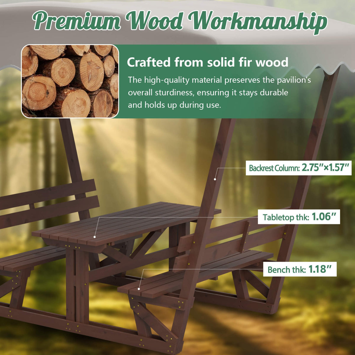 Outdoor Waterproof Wood Picnic Table And Bench Set With Removable Canopy (SAK87135)
