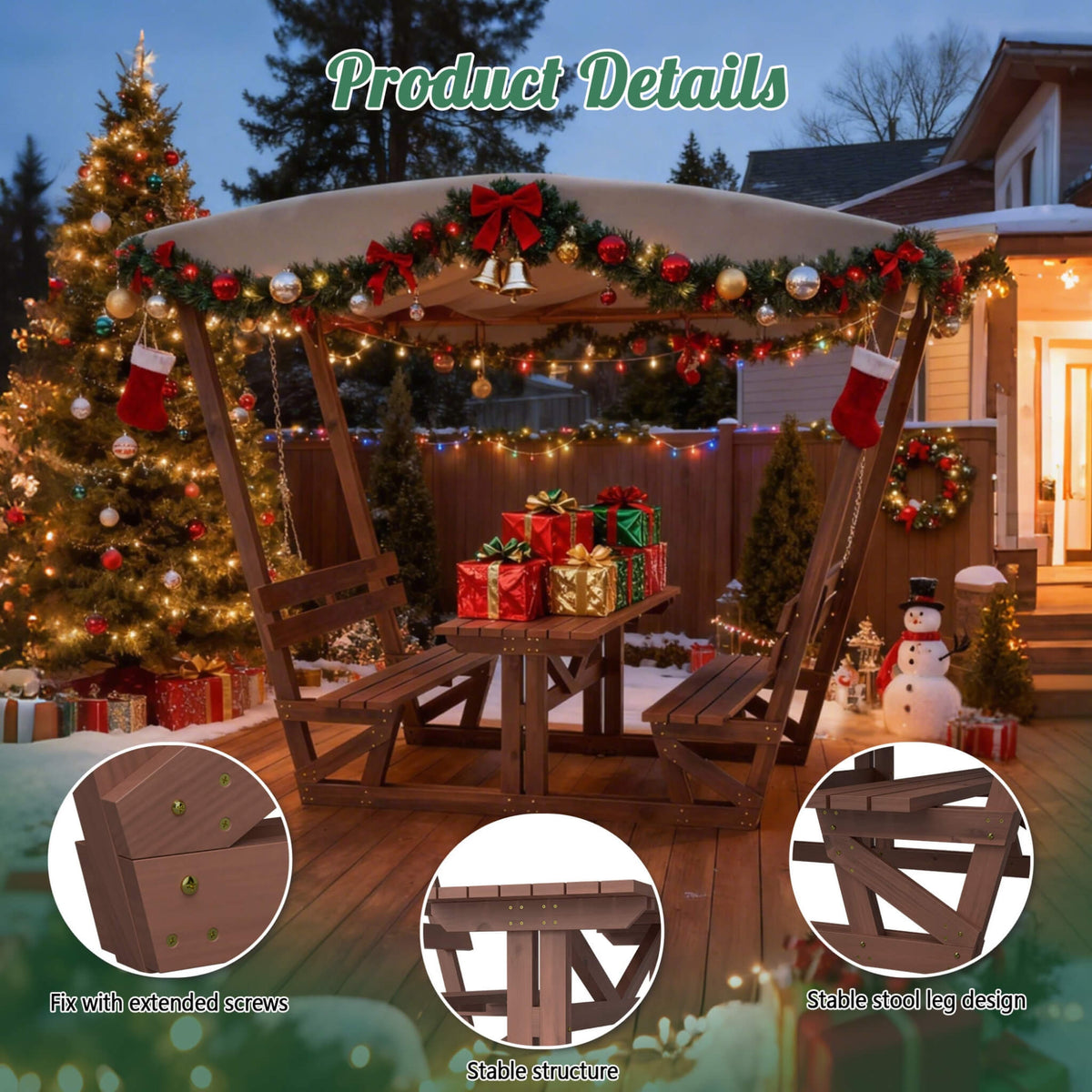 Outdoor Waterproof Wood Picnic Table And Bench Set With Removable Canopy (SAK87135)