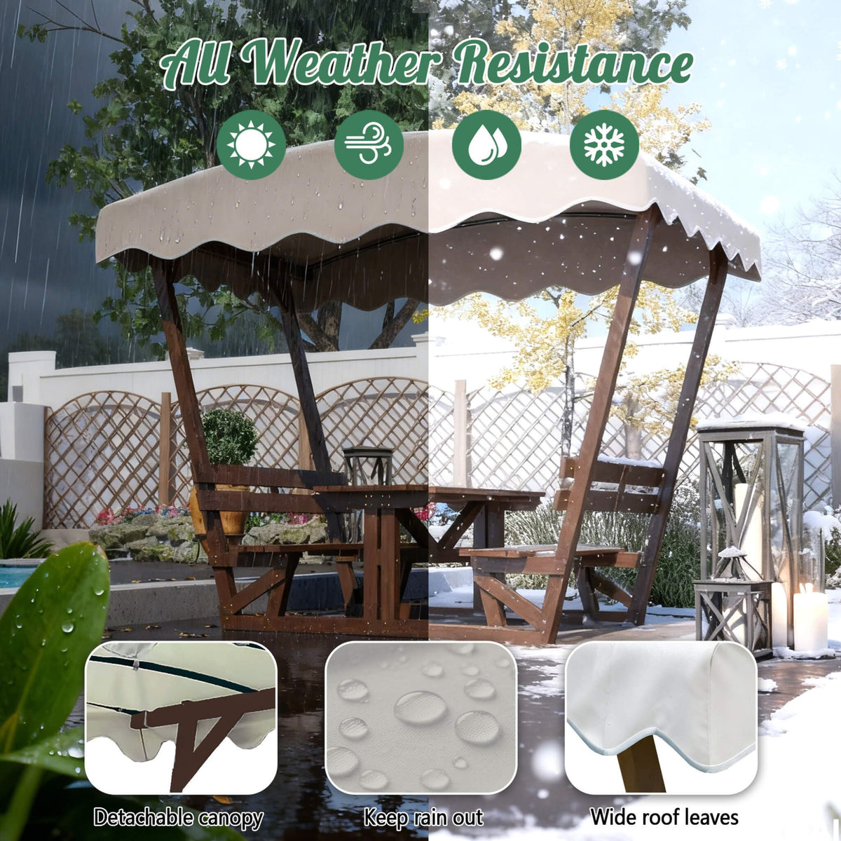Outdoor Waterproof Wood Picnic Table And Bench Set With Removable Canopy (SAK87135)