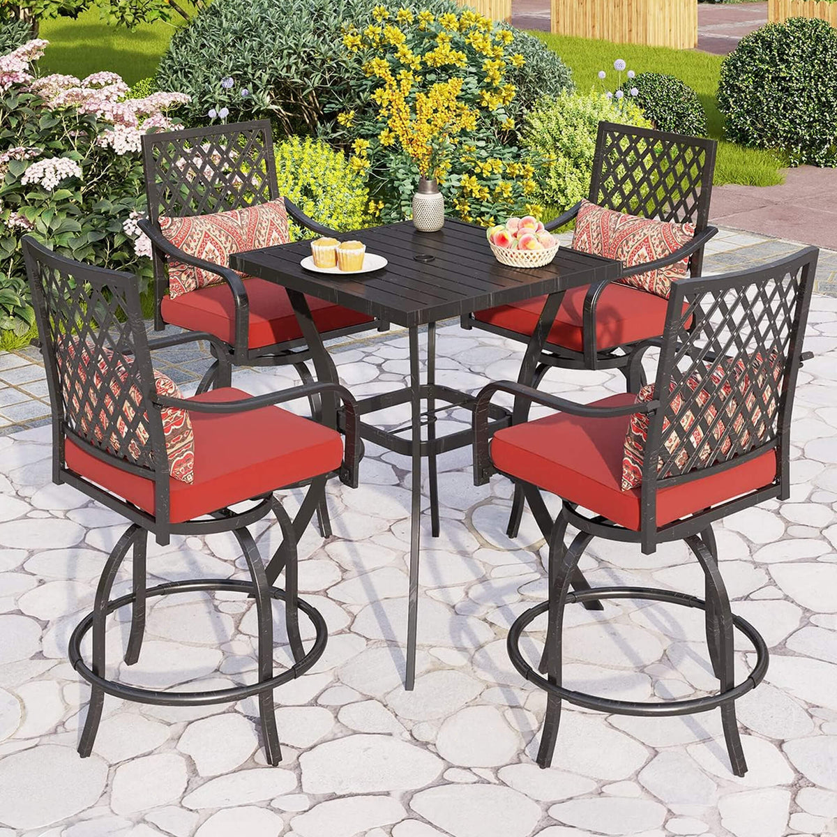 Premium 6-Piece Bar Patio Furniture Set With Umbrella, Swivel Chairs, And Cushions (SAK90375)