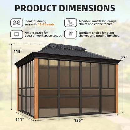 Solstice Premium All-Season Outdoor Wood Grain Sunroom With Sliding Doors And Double Top Roof (SAK58317)