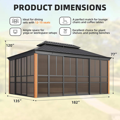 Solstice Premium All-Season Outdoor Wood Grain Sunroom With Sliding Doors And Double Top Roof (SAK58317)