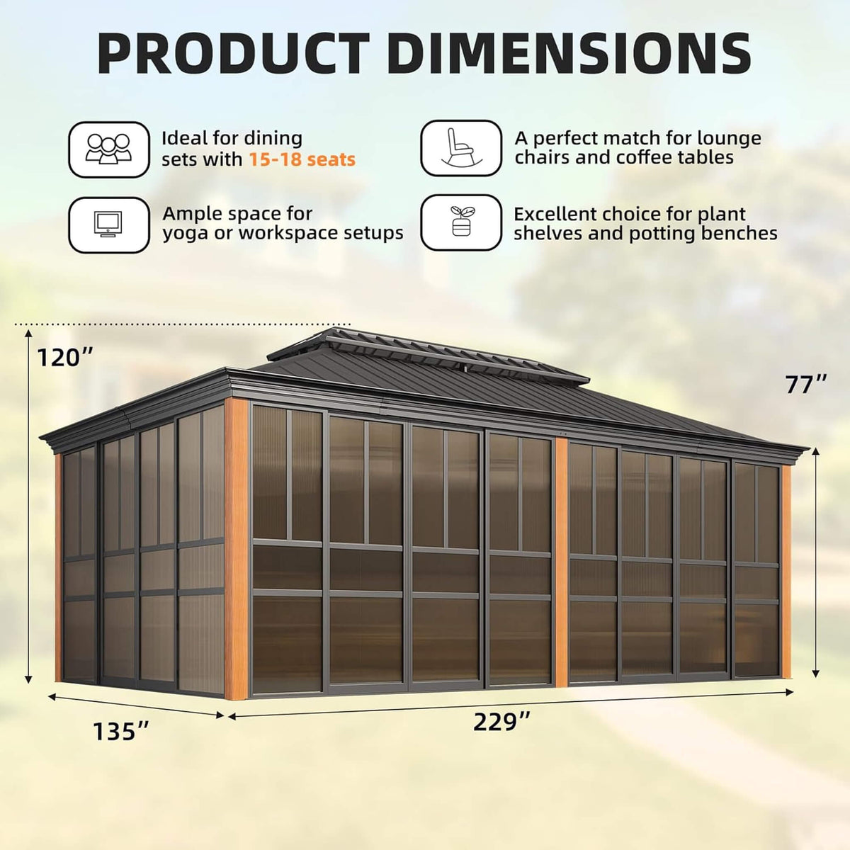 Solstice Premium All-Season Outdoor Wood Grain Sunroom With Sliding Doors And Double Top Roof (SAK58317)
