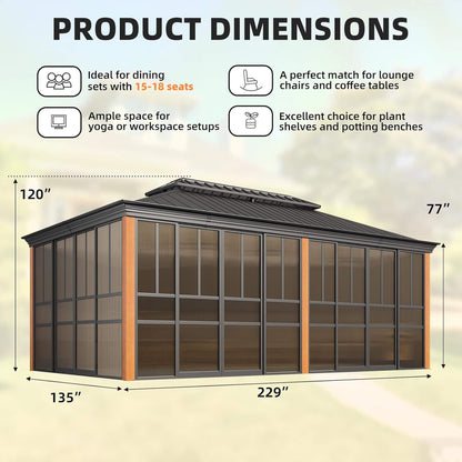 Solstice Premium All-Season Outdoor Wood Grain Sunroom With Sliding Doors And Double Top Roof (SAK58317)