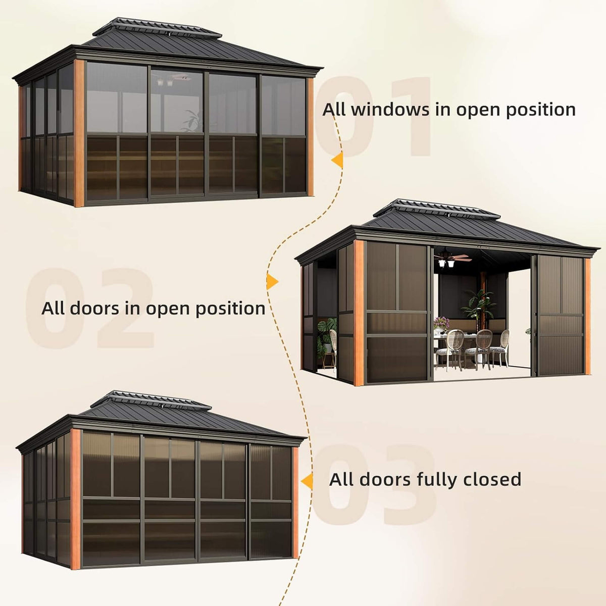 Solstice Premium All-Season Outdoor Wood Grain Sunroom With Sliding Doors And Double Top Roof (SAK58317)