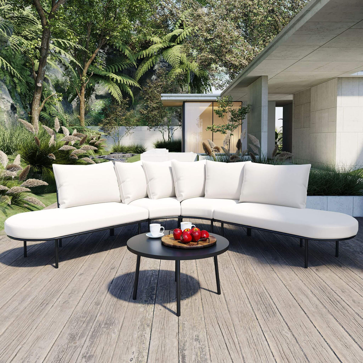 Premium Half-Moon 6-Person Curved All-Weather Outdoor Furniture Sofa Patio Set With Coffee Table And Cushions (SAK76332)