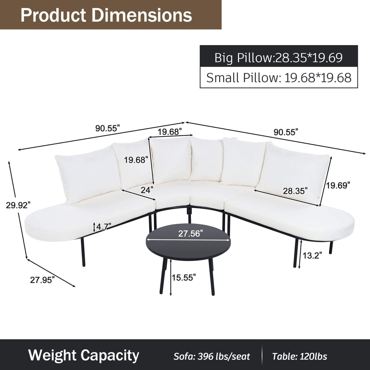 Premium Half-Moon 6-Person Curved All-Weather Outdoor Furniture Sofa Patio Set With Coffee Table And Cushions (SAK76332)