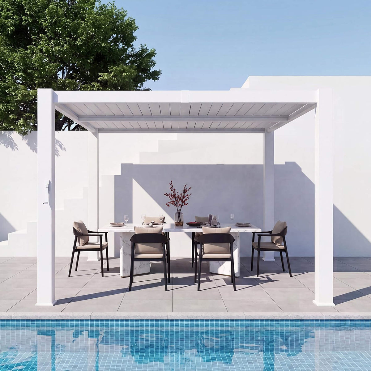 Premium White Outdoor Metal Louvered Pergola With Drainage System (SAK87265)
