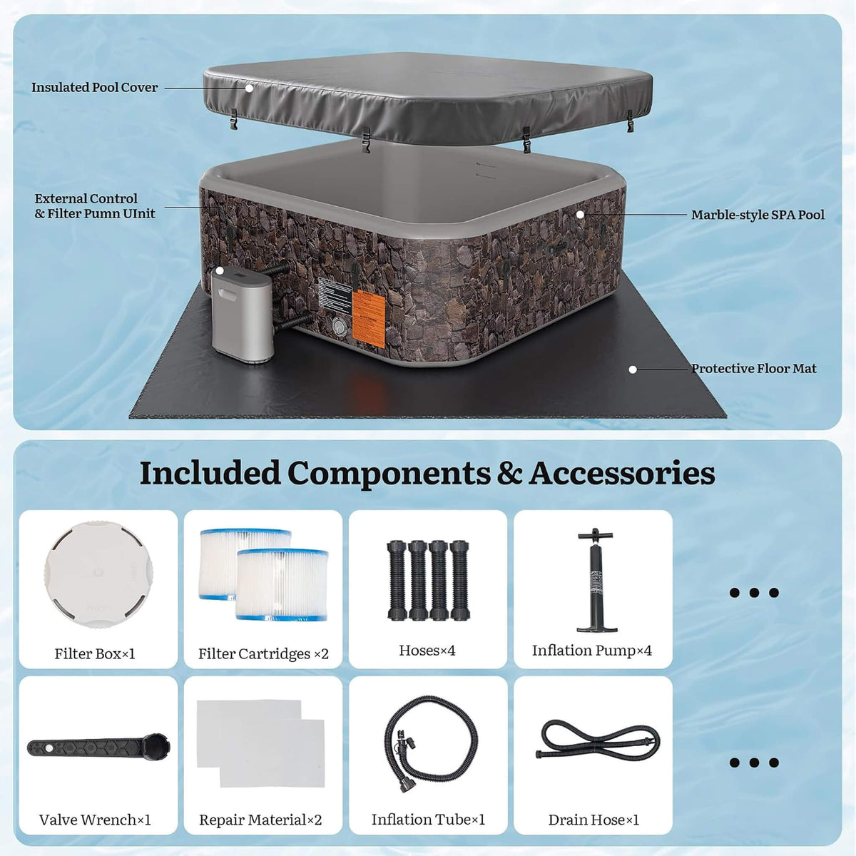Premium 85-Inch 8-Person Portable Inflatable Hot Tub with Massage Jets
