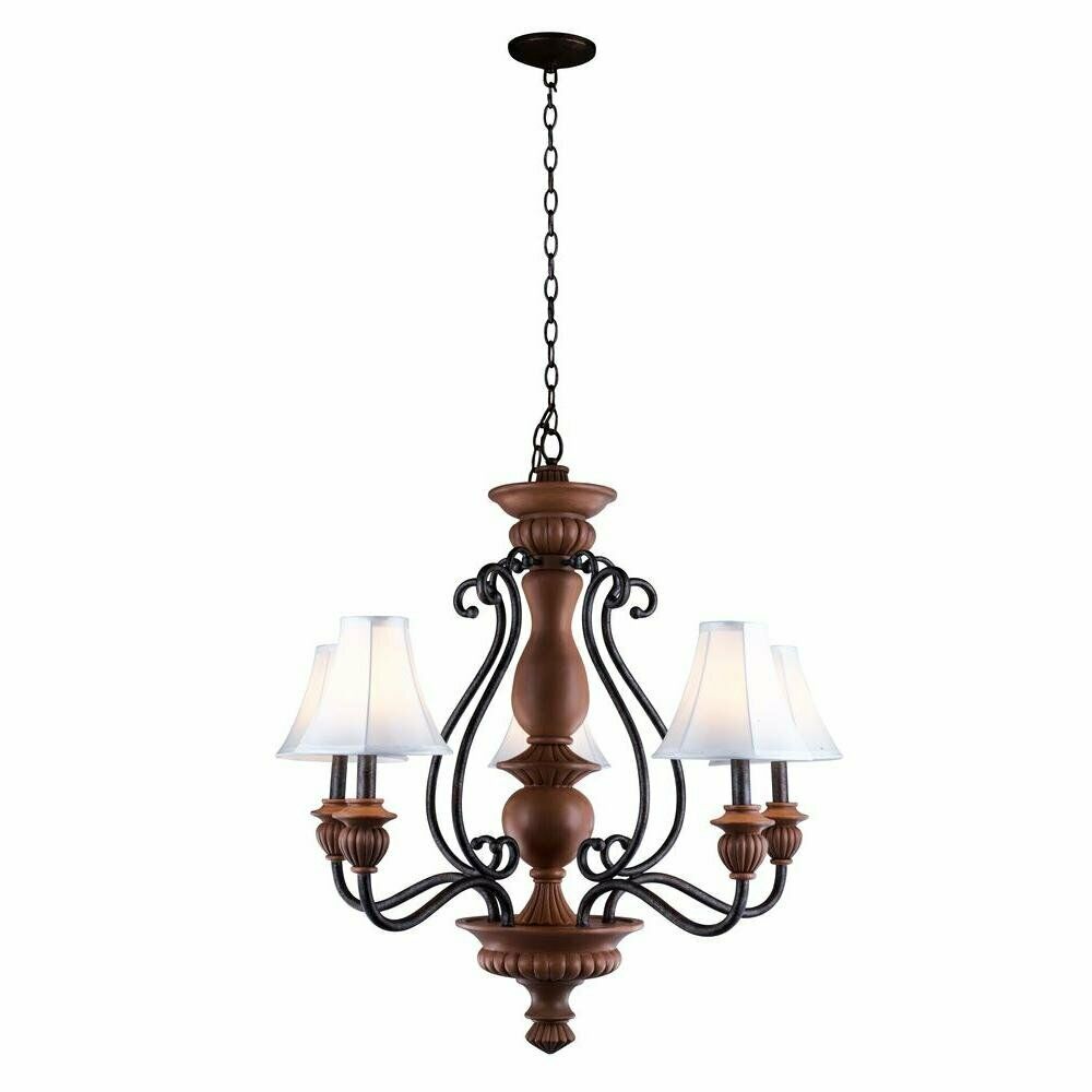 Elysia 5-Light Chandelier with White Fabric Shades and Antiqued Gold Finish