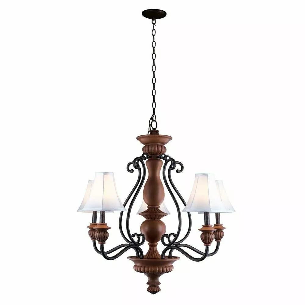Elysia 5-Light Chandelier with White Fabric Shades and Antiqued Gold Finish