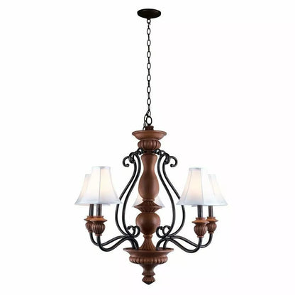 Elysia 5-Light Chandelier with White Fabric Shades and Antiqued Gold Finish